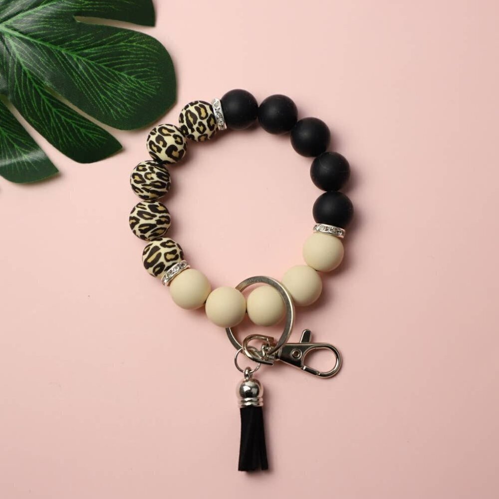 Leopard Silicone‎ Bead Tassel Bracelet Keychain